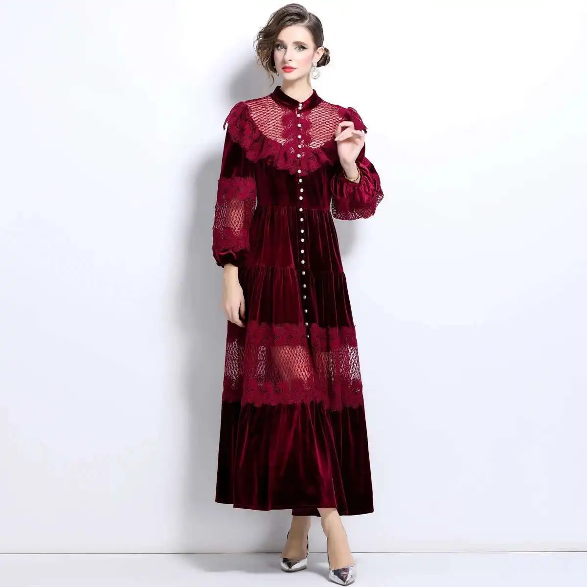 แฟชั่นฤดูใบไม้ร่วงฤดูหนาวเดี่ยวไข่มุกแขนยาวลูกไม้กํามะหยี่ชุดผู้หญิง Ruffles สาย Maxi Prom Dresses Lady