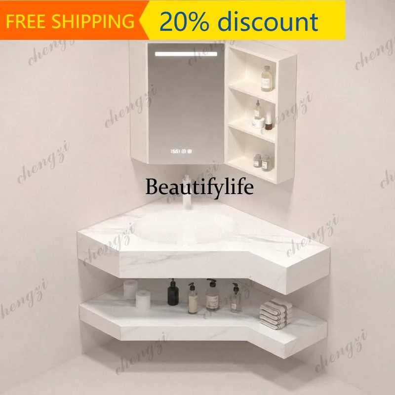 J Double-layer countertop rock slab ceramic basin bathroom cabinet small apartment triangular washbasin customization