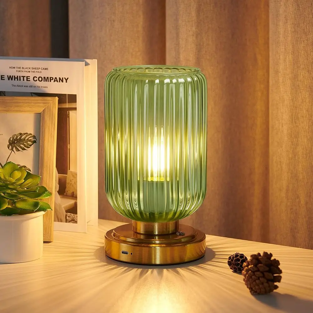 

7500mAh Battery-Powered Touch Dimmable Table Lamp with Green Glass Shade for Bedroom, Living Room, and Desk