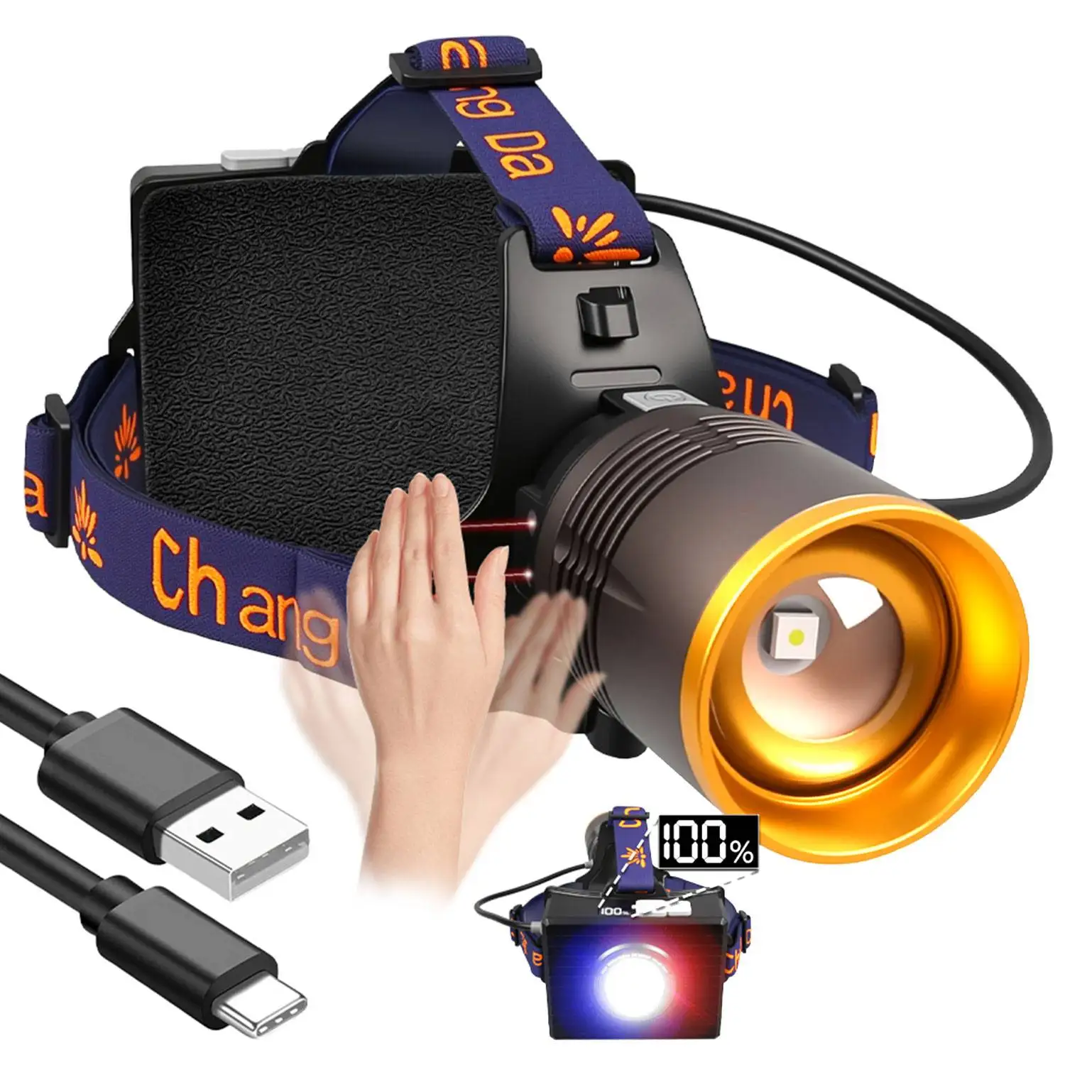 

10000000LM Portable Powerful Induction Headlamp With Power Bank Super Bright Telescopic Zoom Headlight Rechargeable Spotlight