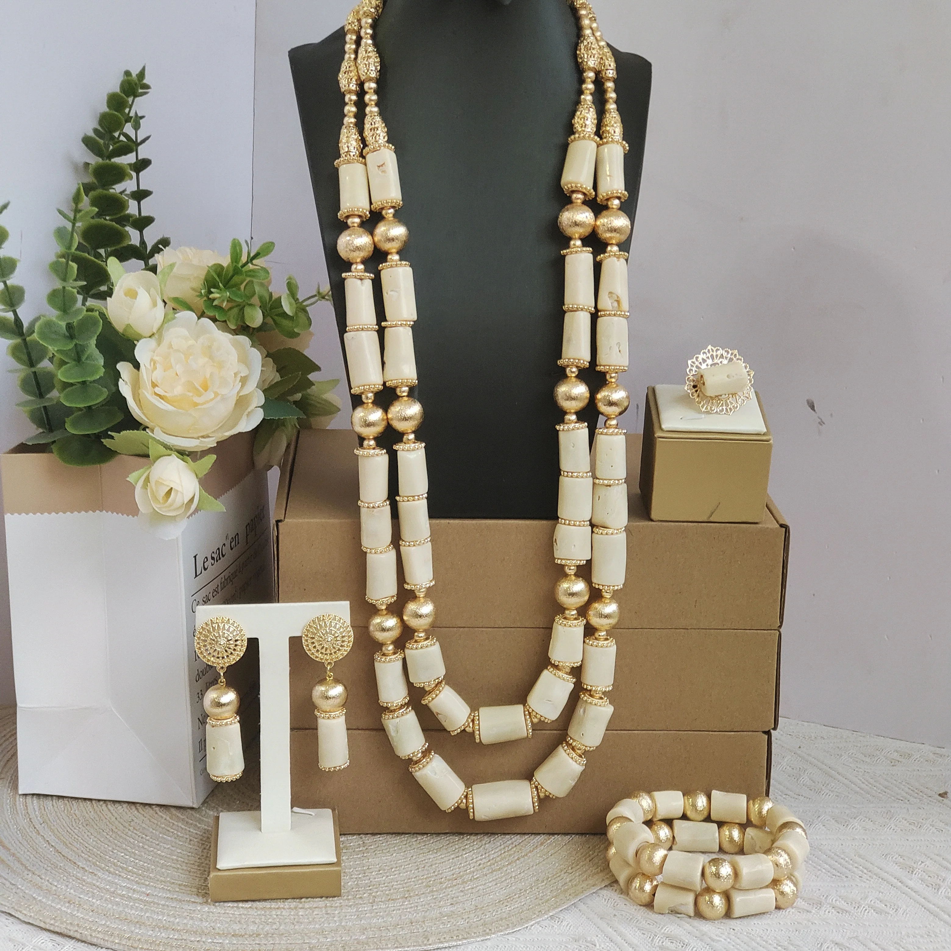 Laanc natural white nigerian wedding jewelry african coral bead necklaces set