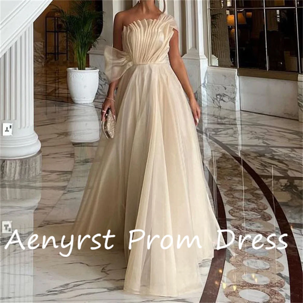 Aenyrst Champagne Scalloped A Line Evening Dresses Off The Shoulder Tulle Prom Dress Floor Length Dinner Party Gowns customized