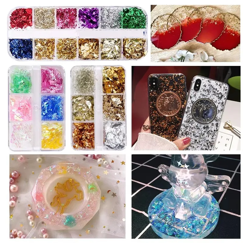 ผงเล็บ Glitter เรซิ่นเม็ดสีอีพ็อกซี่ Glitter ผงชุดดอกไม้เรซิ่น Charms ตกแต่งเล็บ DIY เล็บอุปกรณ์เสริม