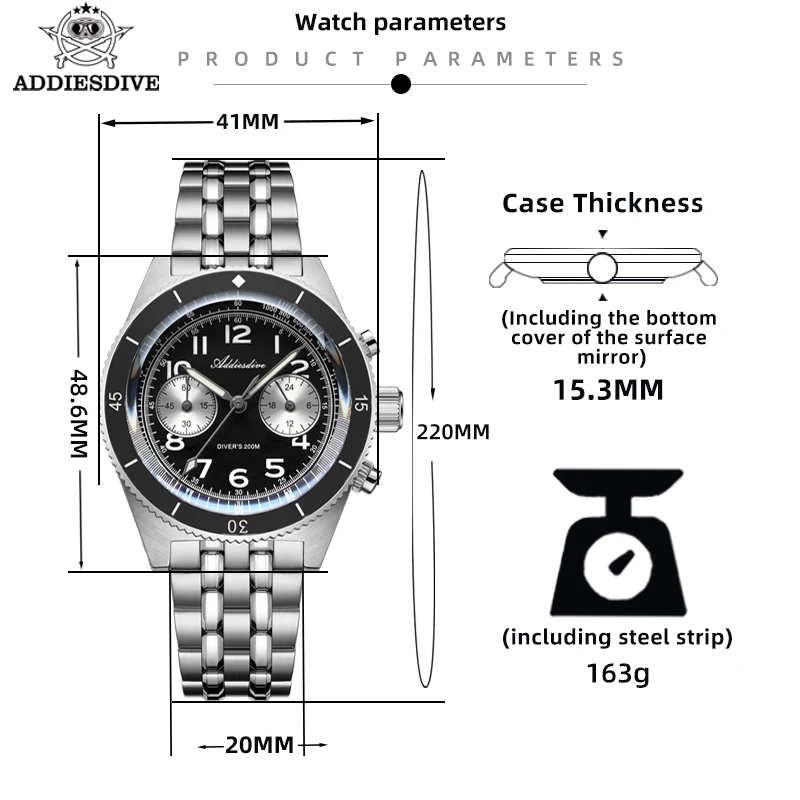 ساعة رجالي ADDIESDIVE ، مرآة فقاعة الياقوت ، مضيئة للماء ، كوارتز باندا بعينين ، ساعات كرونوغراف متعددة الوظائف