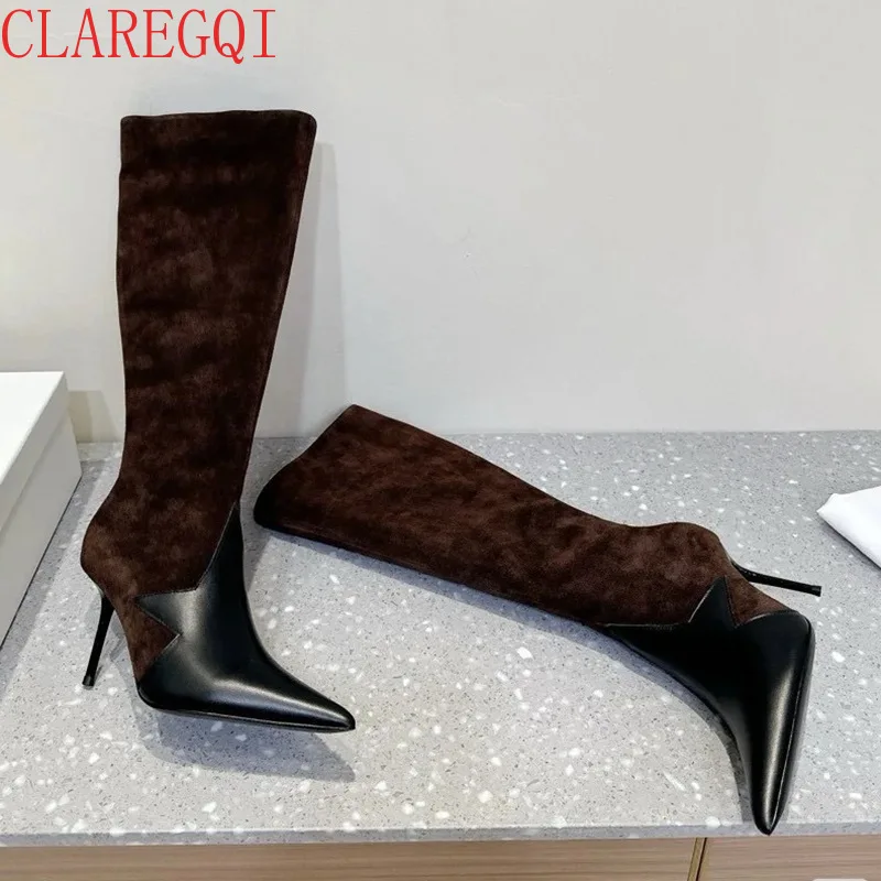 New Fashion Womens Fall Boots Small Group Hot Girl Pointed Head Heeled Boots Slimming Wide Tube Side Zipper Boots Femme Cuir