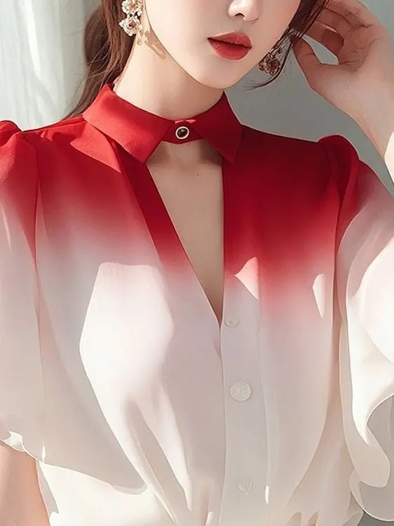 ユニークなグラデーションの女性のシャツ超美しいシフォン妖精のようなノースリーブ V ネック半袖夏のファッションプレミアムレディーストップ