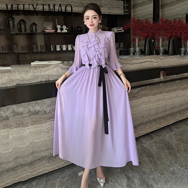 

MIUXIMAO 2023 Spring&Summer Holiday Elegant Dress Stand Neck Solid Chiffon Belt Fashion Long Dress Women Vestide