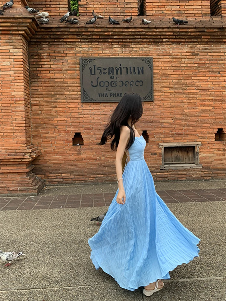 French Style Holiday Long Strapy Blue Summer Women Dress 2024 New Versatile Casual Chic Romantic Female Dress