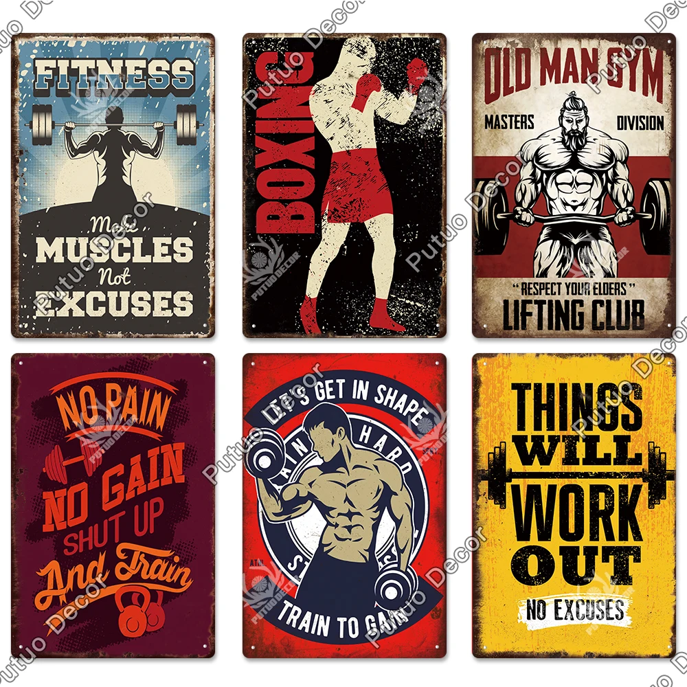Putuo Decor Gym Vintage Signs Metal Plates Retro Posters Work Out Wall Art Decorative for Home Man Cave Gym Room