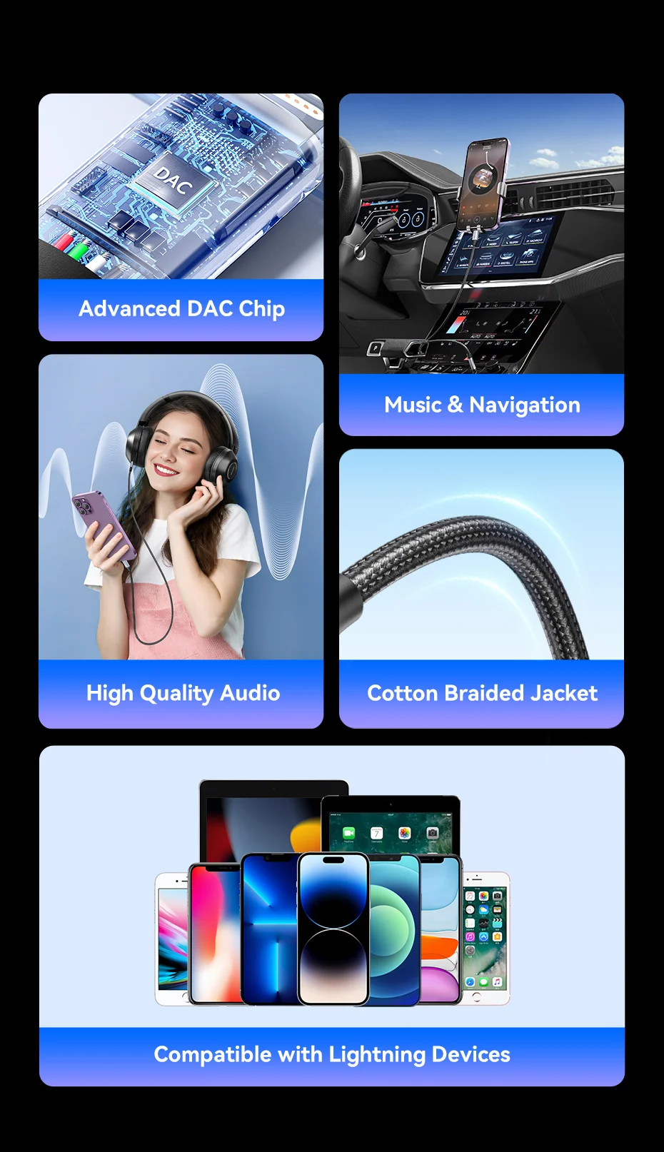 Vention Audio-Adapter für Lightning auf 3,5 mm Kopfhörer-Adapter, DAC-Audio-Musikkabel für iPhone 14, 12 Pro Max, Xr, Aux-Kabel, Telefon – Detail 2