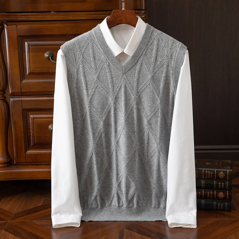 

2024 new autumn and winter men's 100% pure cashmere vest, V-neck, fashionable, casual, pullover vest