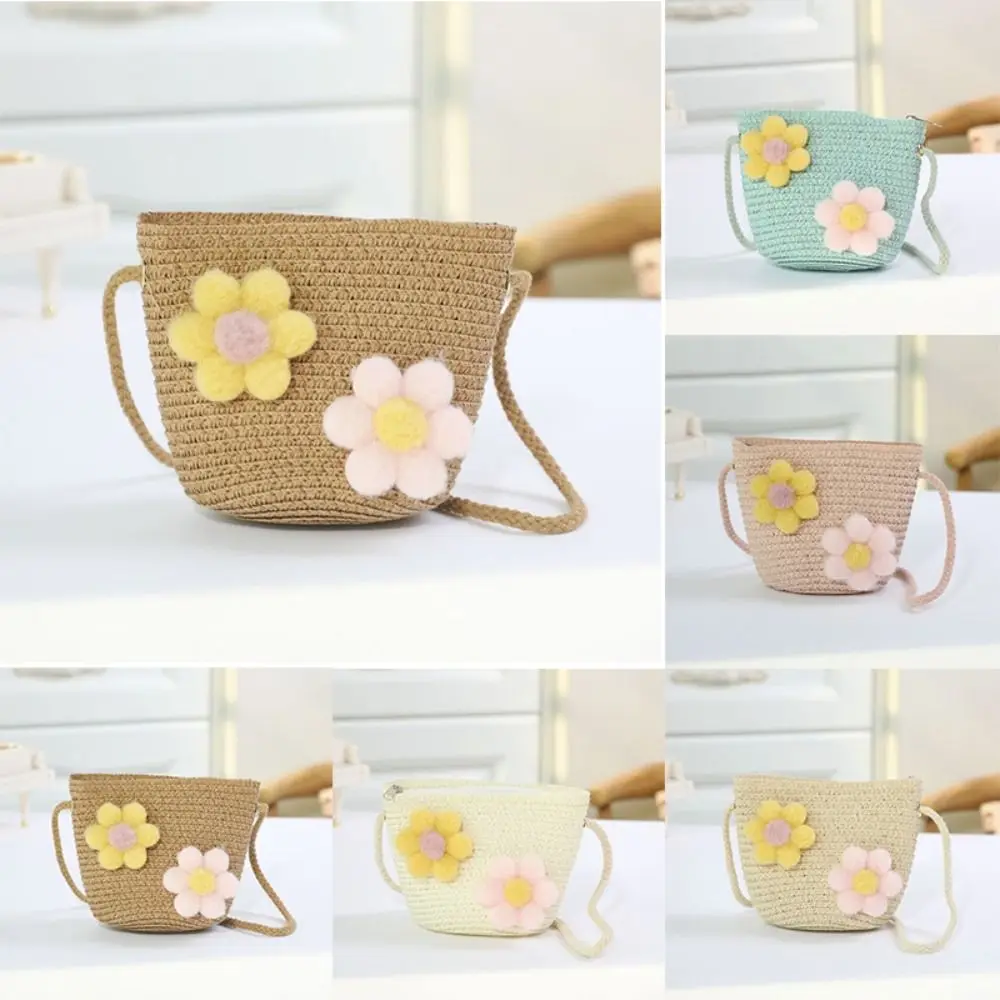 

Mini Zipper Flower Straw Bag Summer Beach Coin Purse Photo Props Kid Messenger Bags Handmade Woven Storage Basket