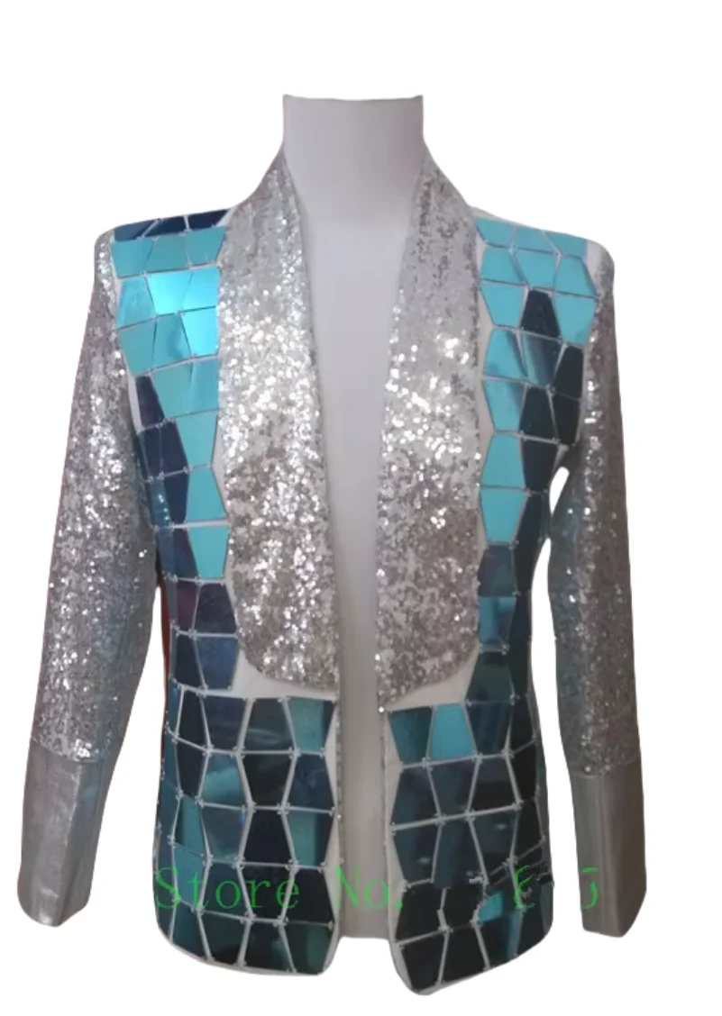 Handmade Men's Silver Sequins Mirrors Len Jacket Nightclub Bar DJ Male Singer Dancer Suit Jacket Stage Show Performance Blazer