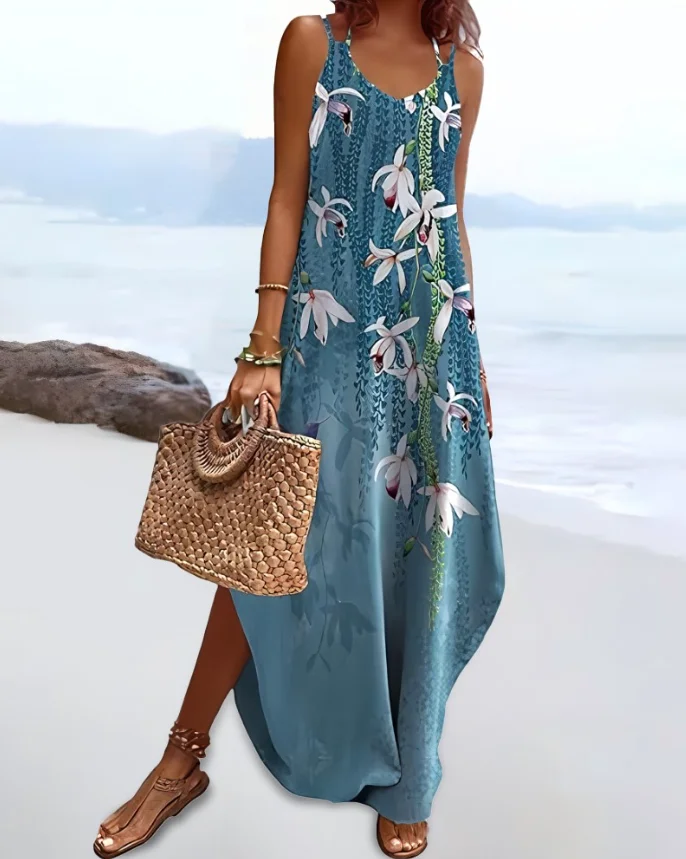 

Womens Dresses 2025 Summer New Floral Print V Neck Spaghetti Strap Boho Maxi Dress Casual Pocket Design Slit Vacation Sundress