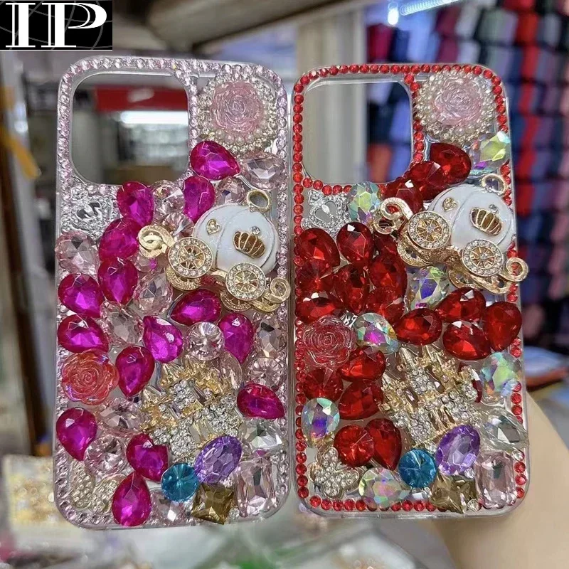 3D Handmade Crown Castle Pumpkin Car Rose Flower Case for IPhone 15 14 13 11 12 Pro Max Sparkle Bling Diamond Case for Women