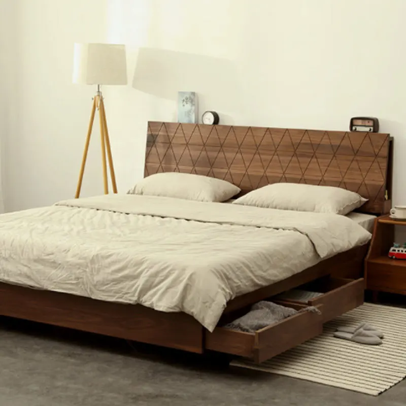 

Customizable Nordic Black Walnut Suspension High Box Drawer Double Bed