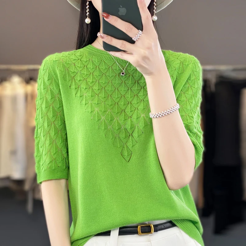 2024 Spring and Summer Women cashmere sweater short sleeve Women knitted Hollow short sleeve solid color casual short sleeve