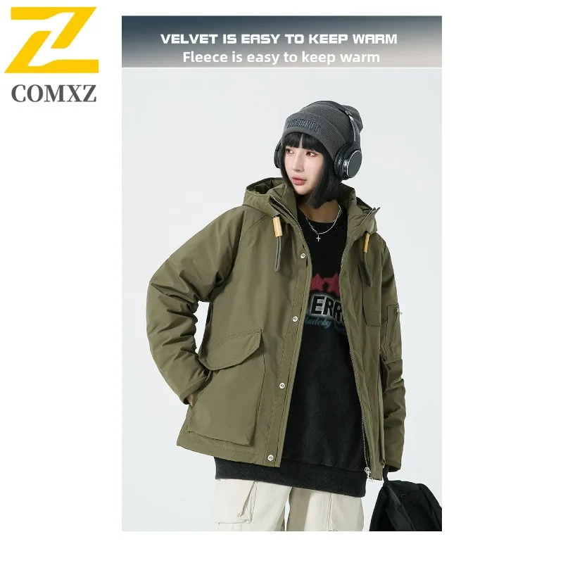 COMXZ Men Puffer Jacket Outdoor Hooded Adventure Climbing Travel Windproof Warm Camping Padding Coat Loose Snow Winter Padding
