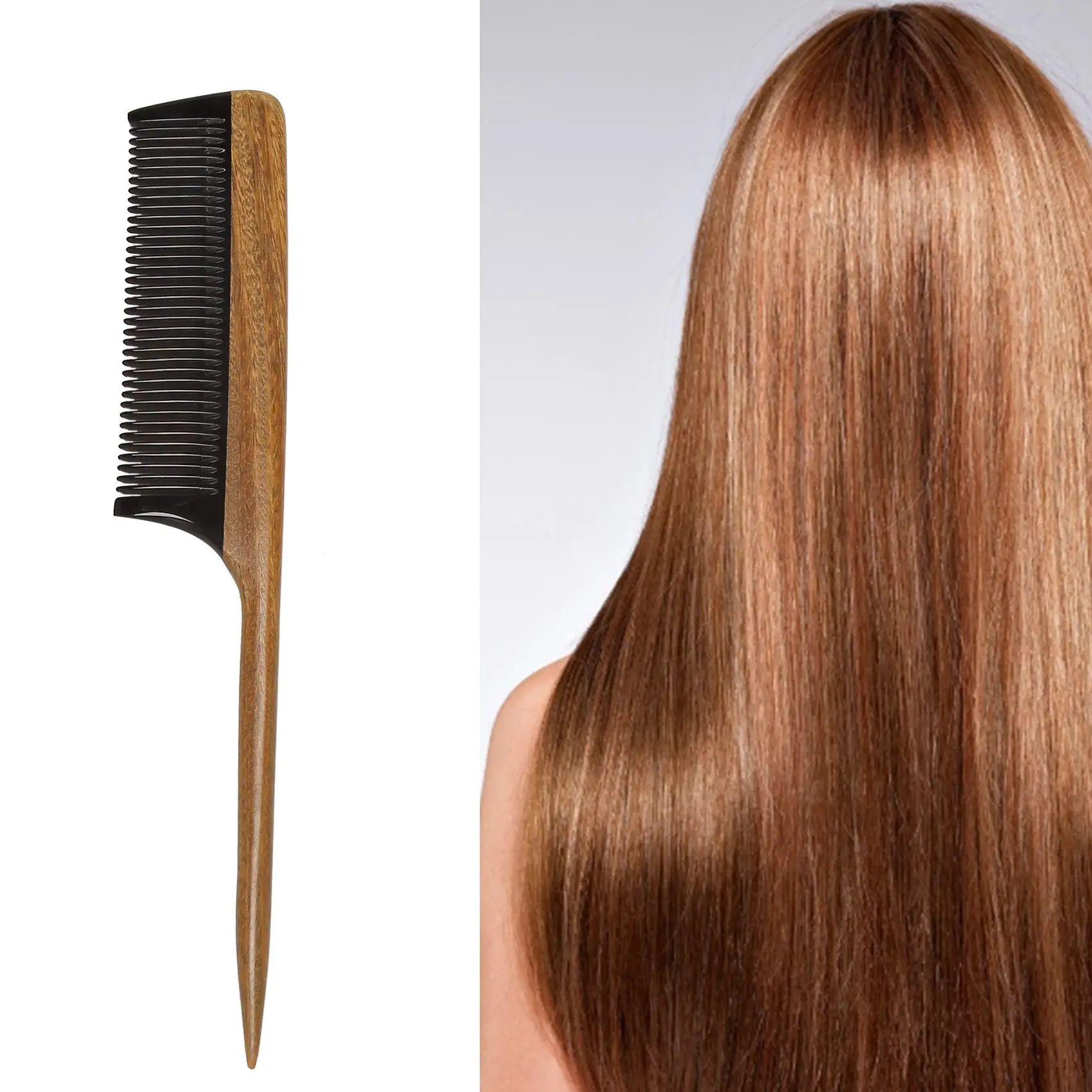 ABHU 헤어 빗 - 천연 미세 이빨 나무 꼬리 빗 - 정전기 방지 퍼플 하트 우드 빗 (검은 뿔 이빨 포함)