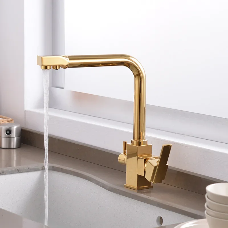 Pure Filter Kitchen Mixer Faucets Quality Brass Rotation Hot Cold Kitchen Sink Mixer Tap Dual Handle Gold Filter Kitchen Faucet