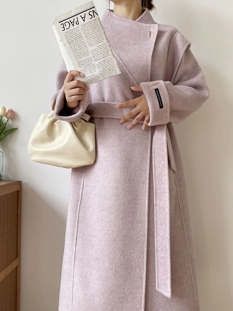 

New Women Handmade Double-sided Cashmere Wool Coat Long Trench Jacket Autumn Winter Stand Collar Long Sleeve Woolen Coat Female