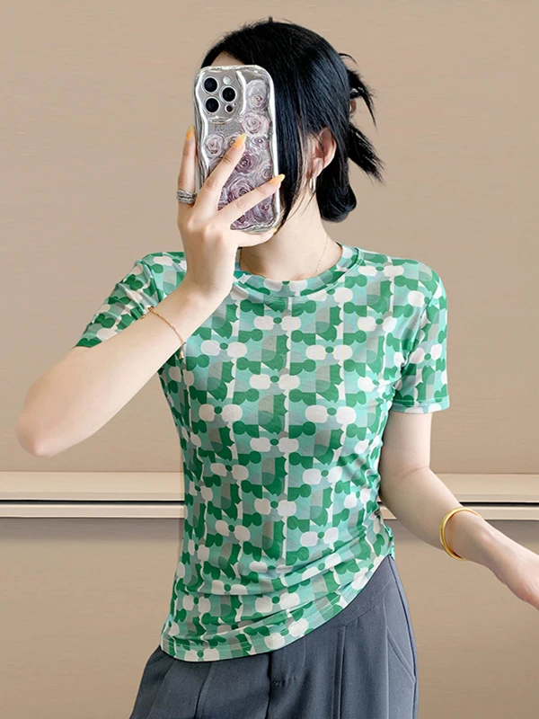 Slim Fit Ice Silk T-irt round Ne ort Sve Women's Faion Summer New Sle European oulder Line Printed Me Top