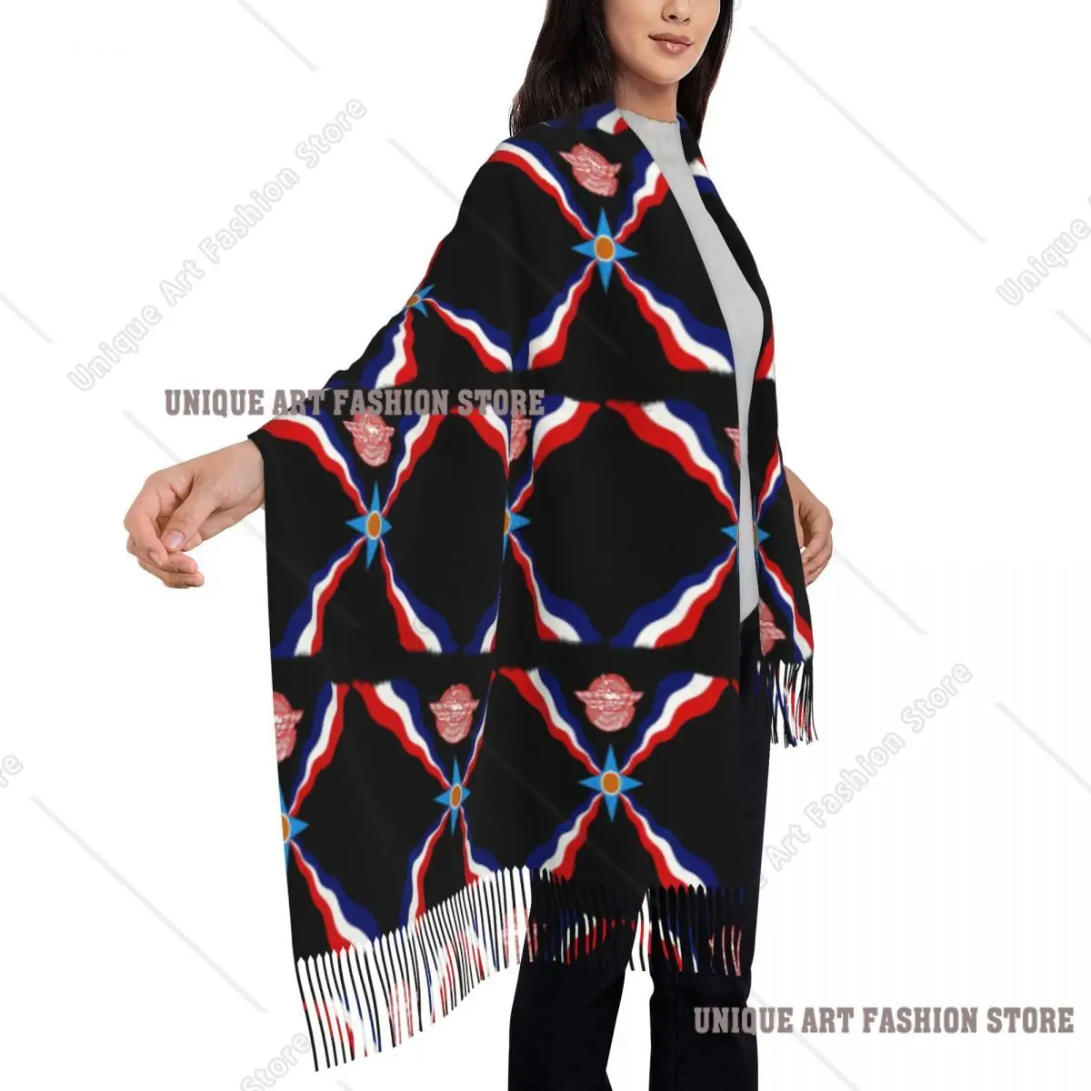 豪華なアッシリアのスリョーヨ旗柄スカーフ、タッセル付きスカーフ、女性用ソフトで暖かいショールとラップ、大きな秋冬用ショールラップ