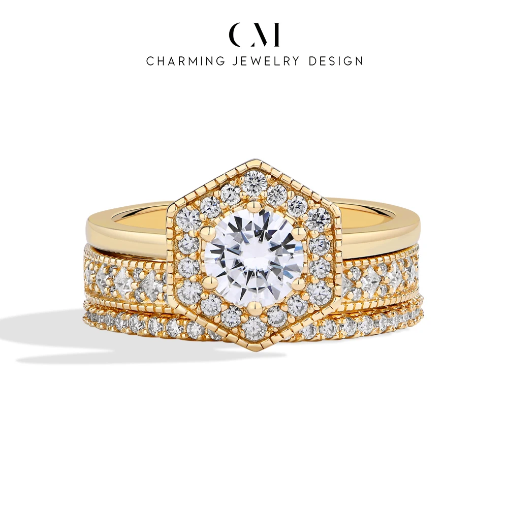 

CHARMING Luxury Vintage Round Moissanite 3pcs Independent Ring S925 Silver for Women party Jewelry Gifts Anniversary Enagagement