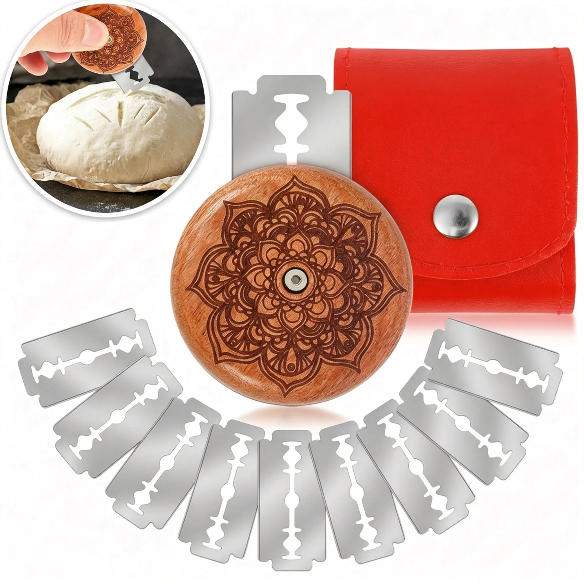 Wood Bread Lame Dough Scoring Tool Retractable Round Bread Dough Scorer with 10 Replac Blade Sourdough Scorer Baking Accessories