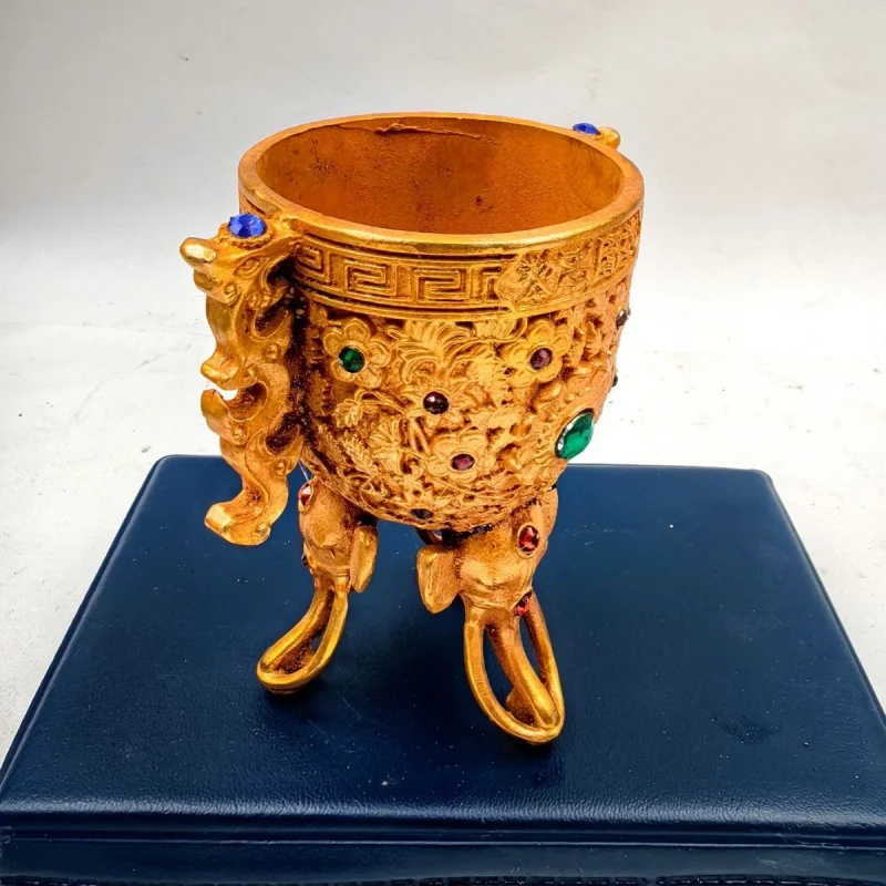 Old Bronze Gilded Gold Inlaid Gem Elephant Leg Wine Glass Collected for Many Years Fine Ornaments Antique Collection