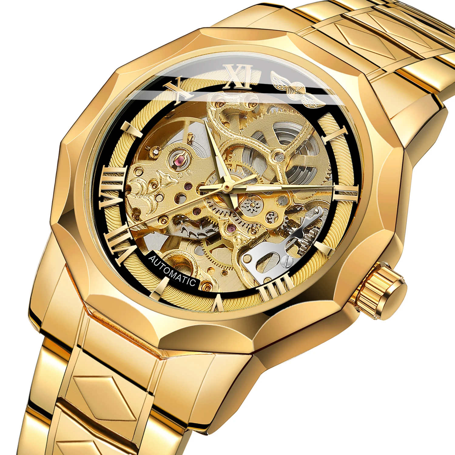 

Luxury Skeleton Automatic Mechanical Watch for Men's Royal Dodecagon Case Carved Movement Stainless Steel Strap Luminous Hands