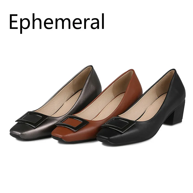 

Women Soft Leather Pumps With Metal Buckle Square Toe Thick Heel Firmed Shoes Black Grey Comfortable Slip-ons 2023 New Arrivals