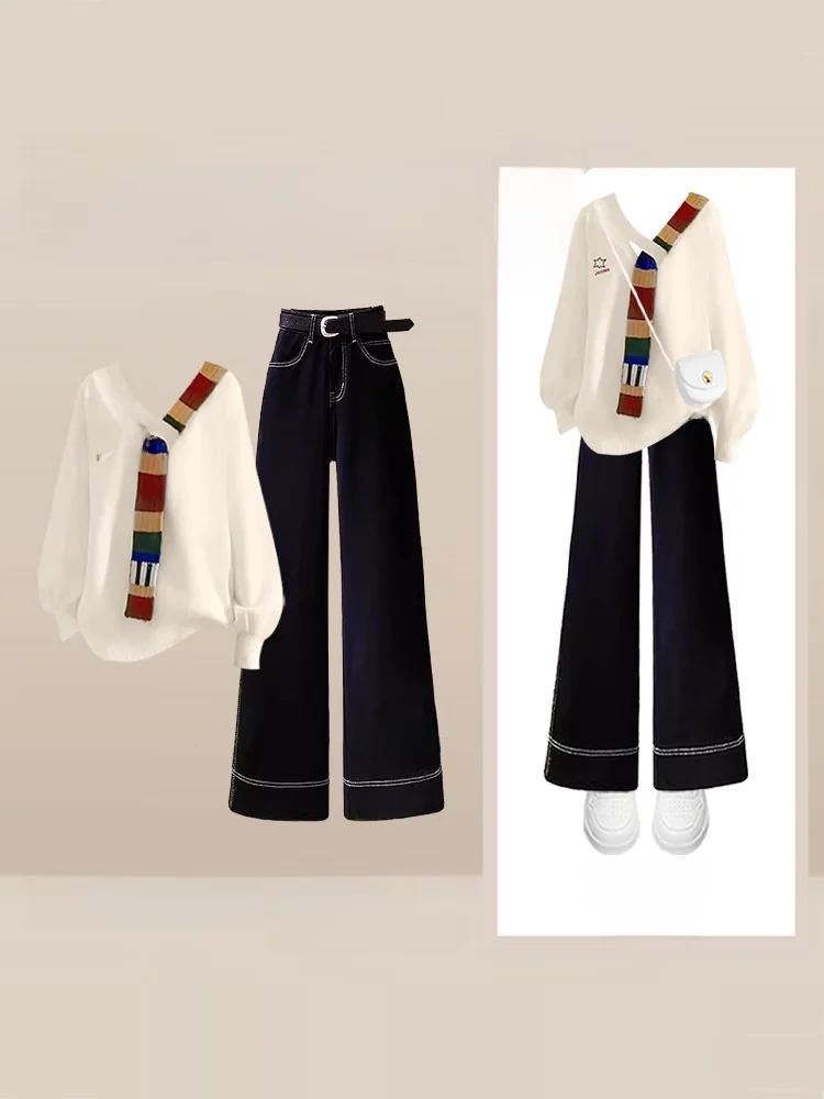 Korean Sle Knitted Sweater Set Women's Autumn Winter Faion Personali College Wind Sweater Wide Leg Slimming Jeans Two P...