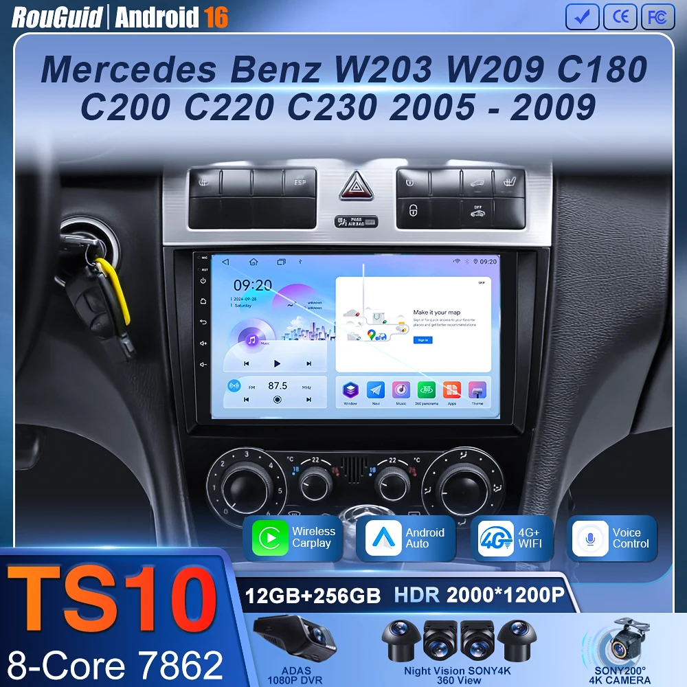 Car Radio Carplay For Mercedes Benz W203 W209 C180 C200 C220 C230 2005 - 2009 Navigation GPS Android Auto Stereo Screen No 2din