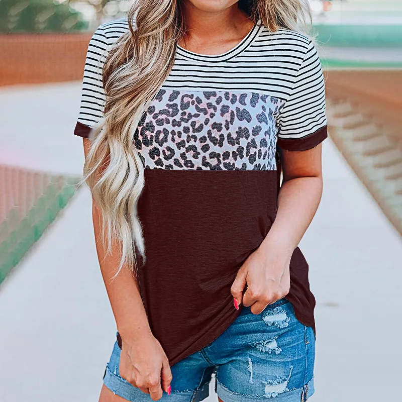 

2024 Womens Summer New Europe and The United States Casual Round Neck Short-sleeved Leopard Splicing T-shirt Hot Selling T-shirt