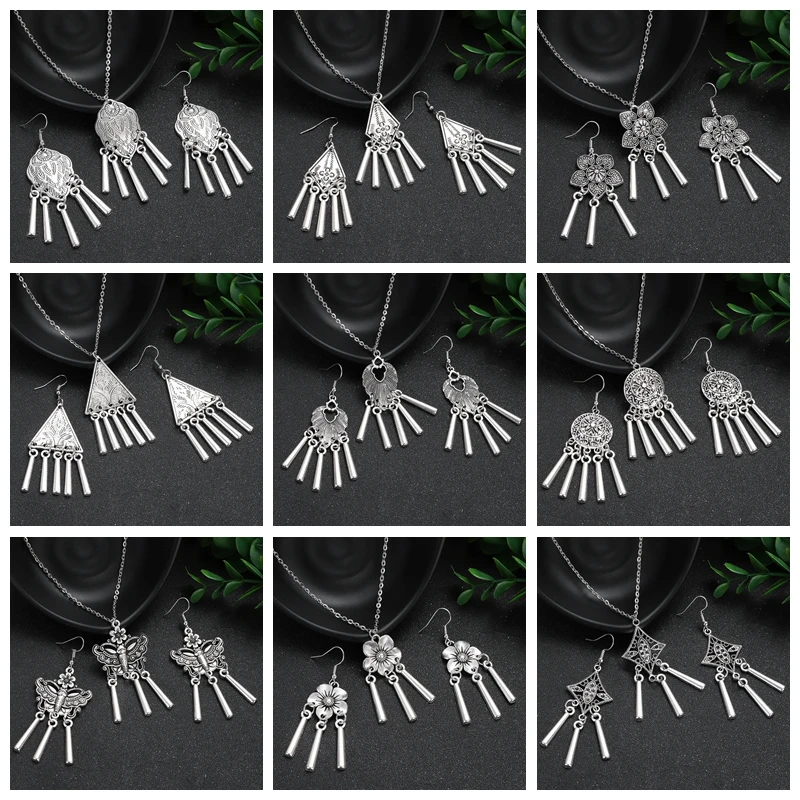 New Silver Color Jewelry Set Women\'s Ethnic Vintage Geometric Flower Tassel Earring Necklace Sets Female Party Accesories