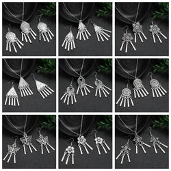 New Silver Color Jewelry Set Women's Ethnic Vintage Geometric Flower Tassel Earring Necklace Sets Female Party Accesories