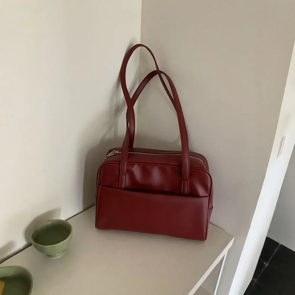

Vintage French Style Bowling Bag Large Capacity Elegant Boston Shoulder Bag PU Leather Casual Women Handbags Underarm Bag