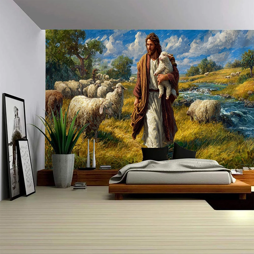Jesus Resurrection Jesus Embracing Lamb Jesus Oil Painting Decoration Tapestry Home Decoration Tapestry