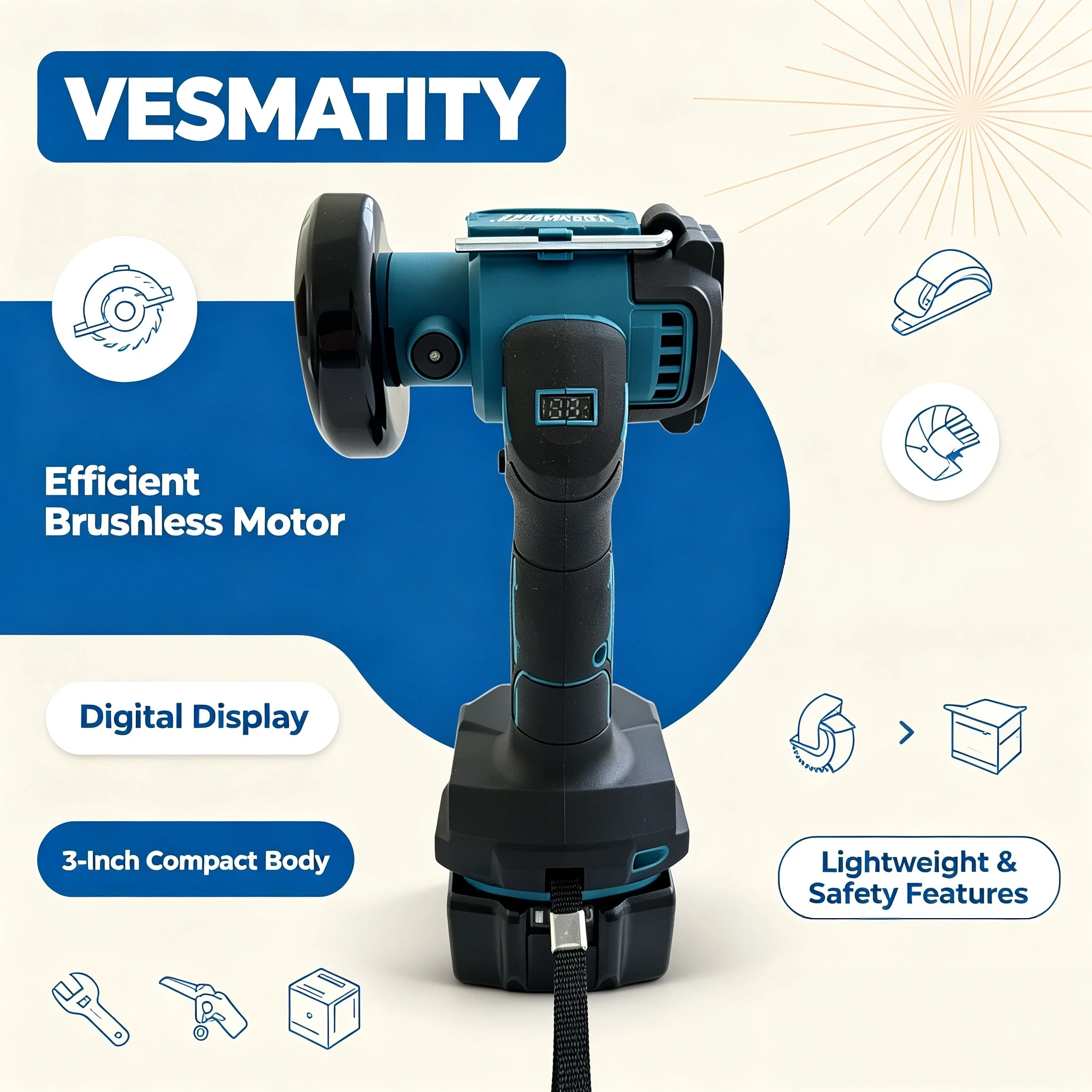 VESMATITY Brushless Mini Angle Grinder Digital Display Grinding Cutting Machine for Makita Battery Pro Max Speed Use
