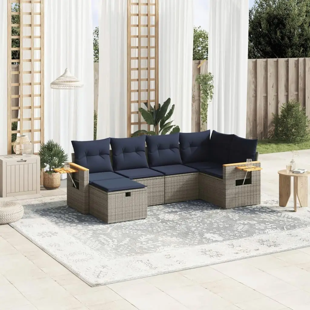 

6 Piece Outdoor Patio Sofa Set with Soft Cushions Gray Rattan Furniture Garden Seating