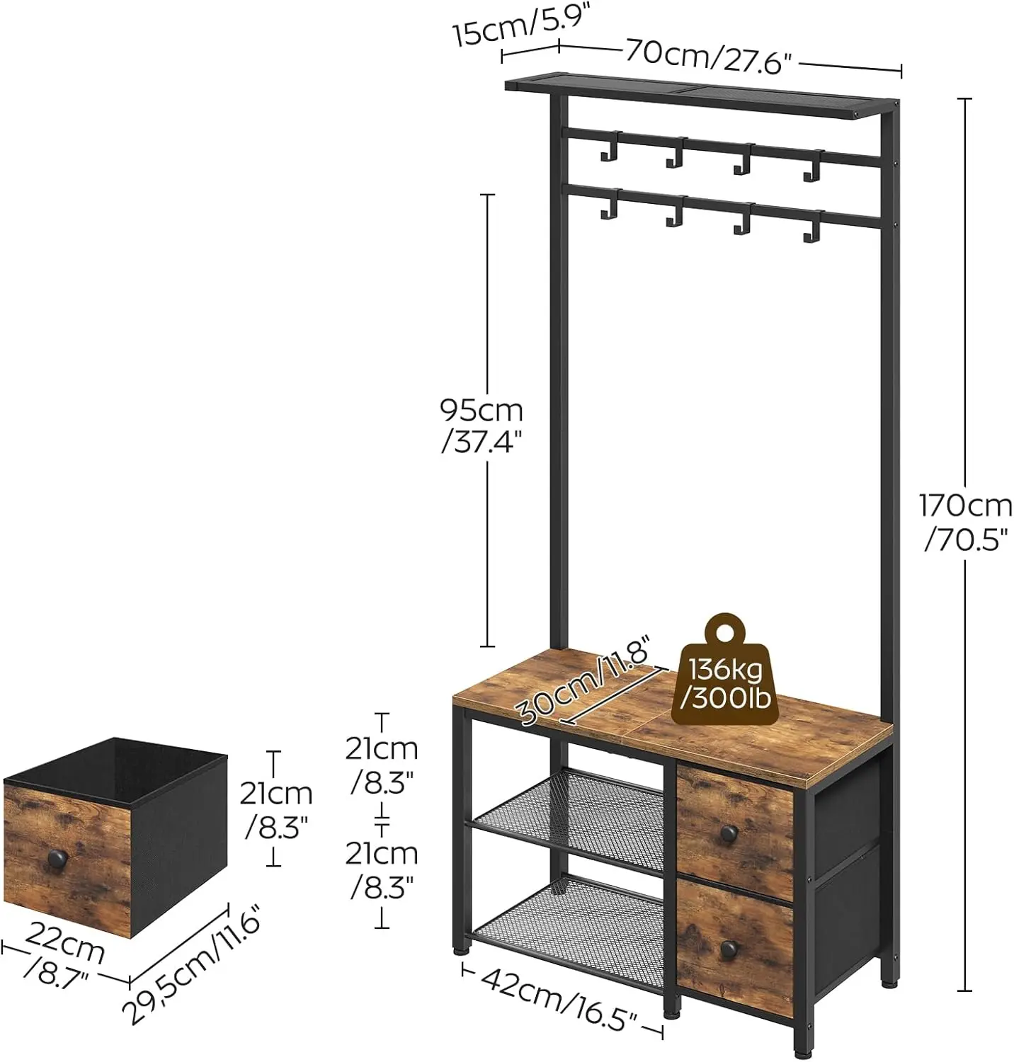 5-in-1 Hall Tree with Drawers, Industrial Entryway Bench, Adjustable Coat Rack & Shoe Storage, Rustic Brown Black MT06BR