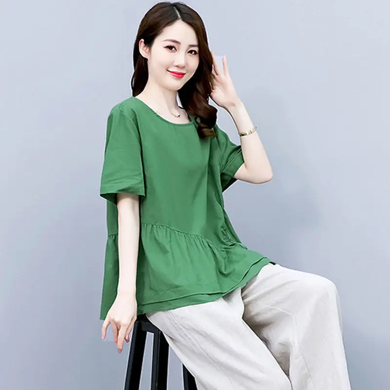 Fashion O-Neck Shirring Lace Up Bow Asymmetrical Blouse Women\'s Clothing 2023 Summer New Oversized Casual Pullovers Korean Shirt