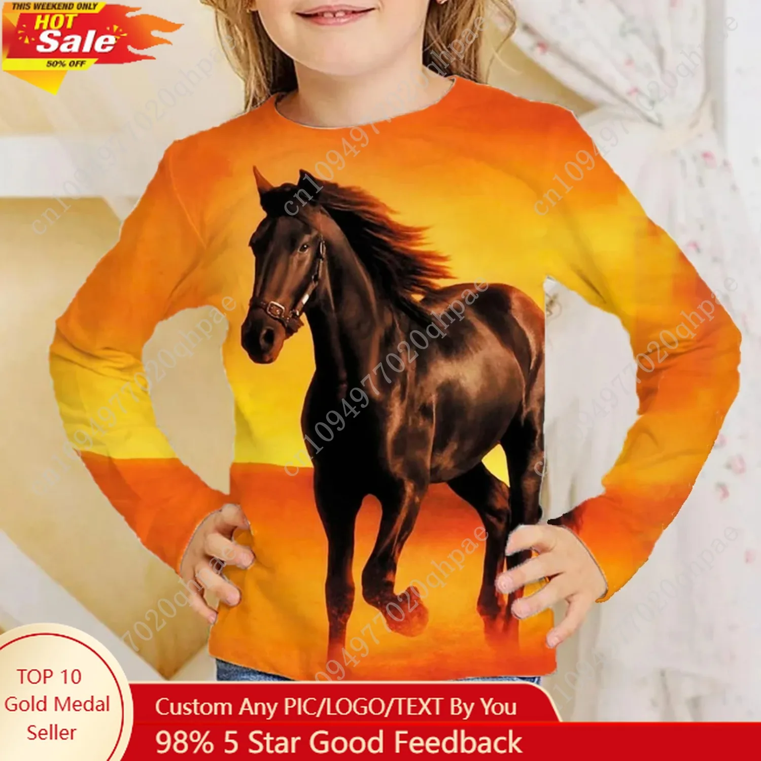 

Girl Clothes Girl T-Shirt Long Sleeve 3D Horse Kids Autumn Clothes Stylish Casual Children Tops Round Neck Child Boy Clothing
