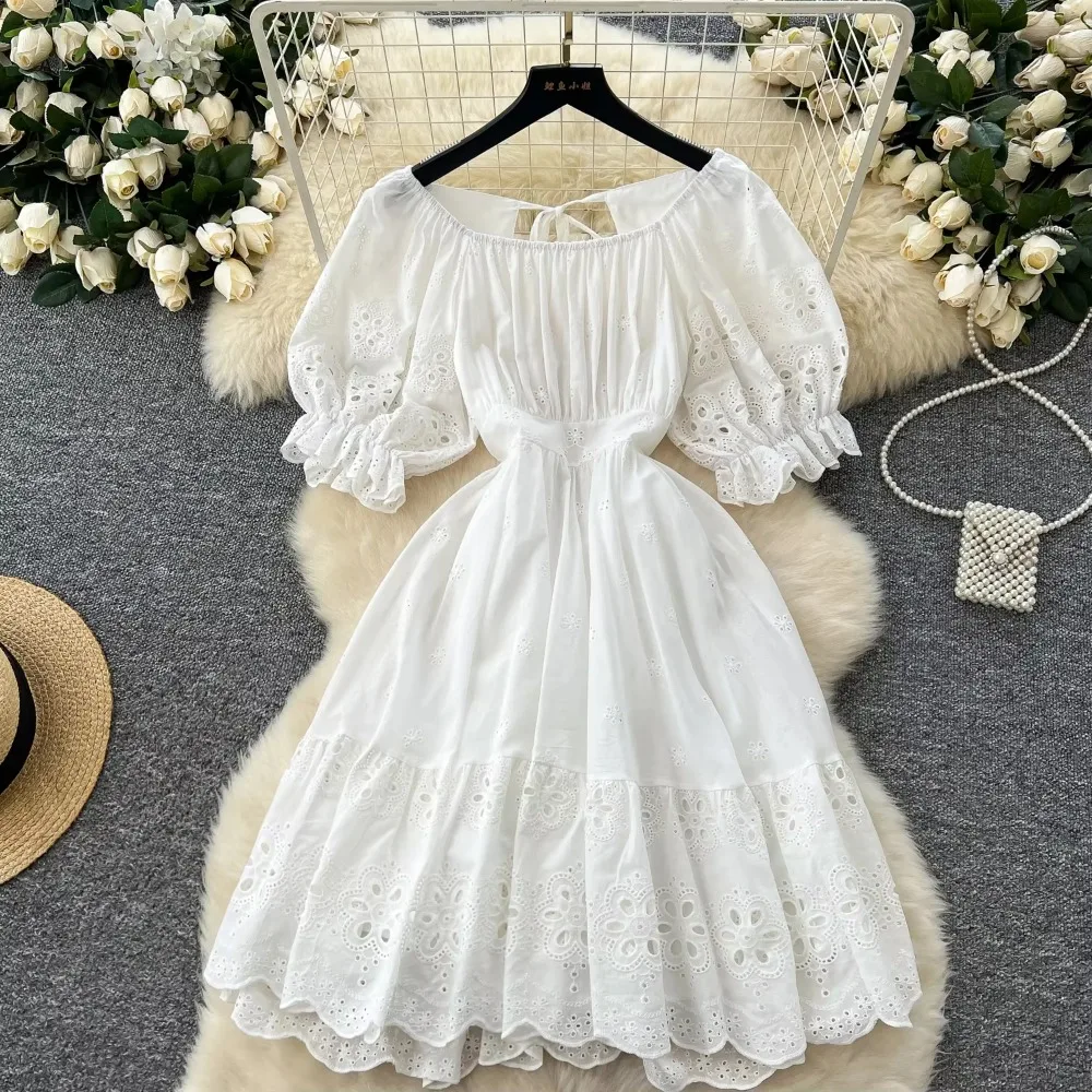 Sweet Hollow Out Hook Flower Embroidered Chic Puff Sleeves Sexy Backless Lace-up Slim Fairy Dresses French High Street Clothing