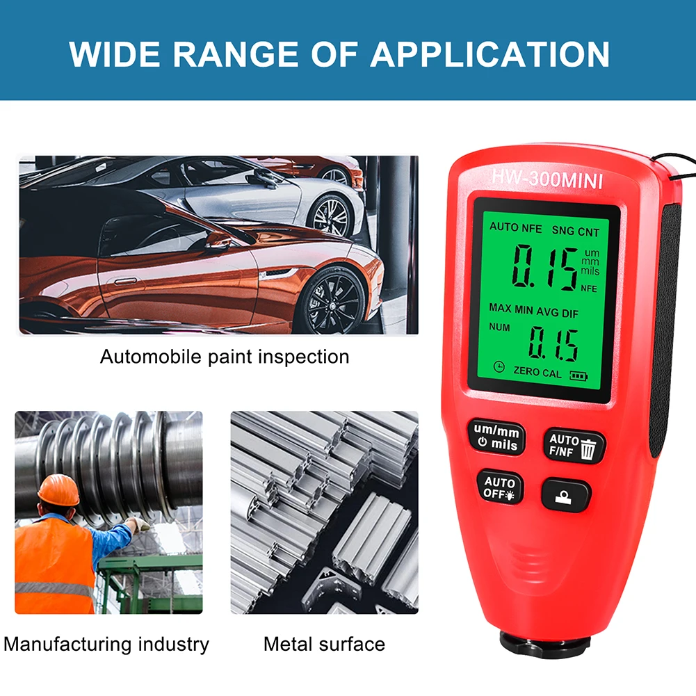 HW-300MINI Coating Thickness Gauge 0-2000UM Car Paint Film Tester Digital Auto Paint Gauge Meter Physical Measuring Instruments