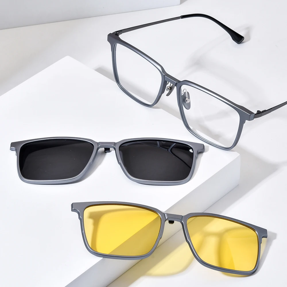 NIANZHEN Alloy Glasses Frame Men Square Magnet Clip Eyeglasses Night Vision & Polarized Lens Ultralight Eyewear 22216