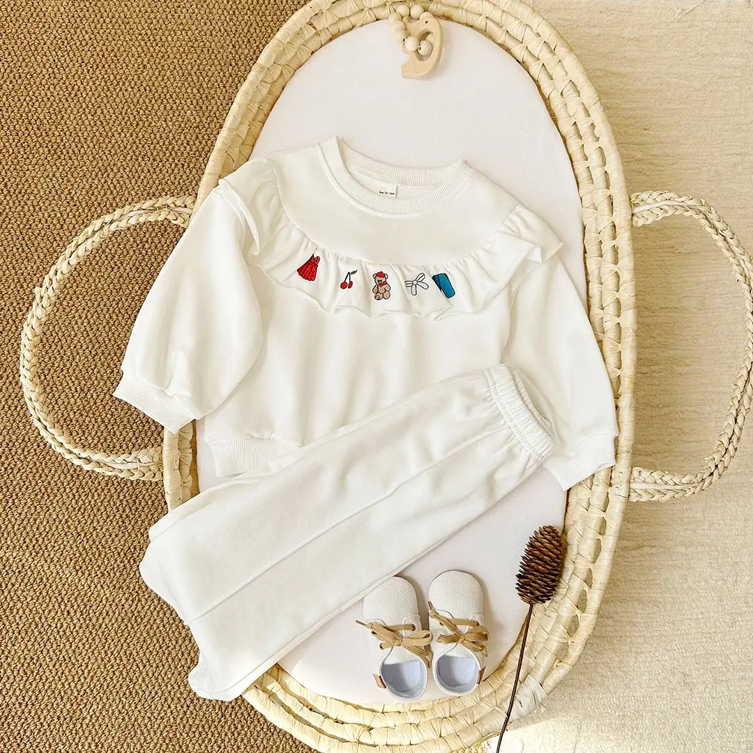 Baby Girl Clothes Set Fall Long Sleeves Doll Collar Pullover+Pants Embroidery 2PCS Cotton Stylish Newborn Baby Clothing Set