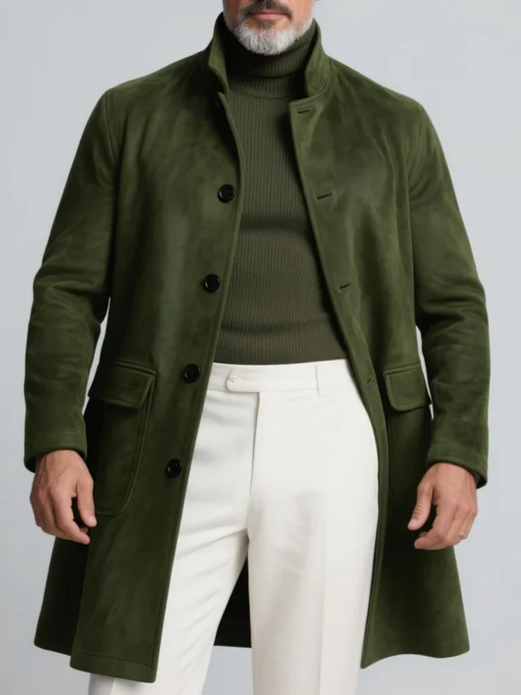 Men Slim‑Fit Stand‑Collar Mid‑Length Overcoat Single‑Breasted Design for Business Daily Wear