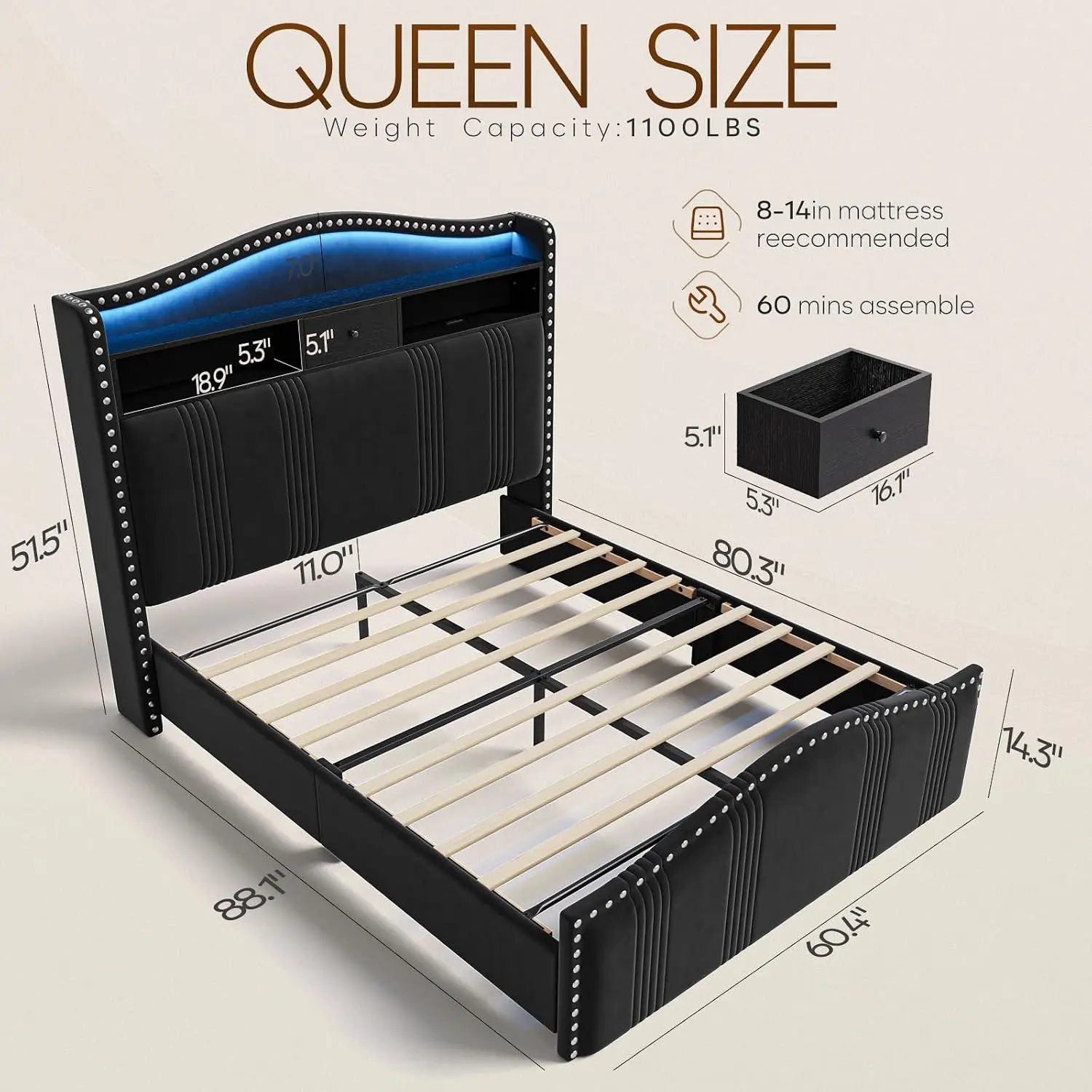 Velvet Queen Bed Frame with Headboard Storage LED Lights Charging Station No Box Spring Tall Footboard 51.5
